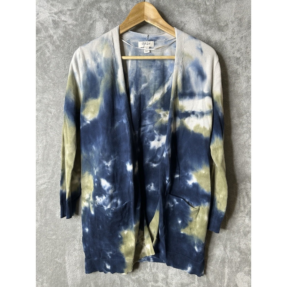 Style & Co Sweater Women's‎ Medium Tie-Dyed Cardigan Blue Green Lightweight Knit